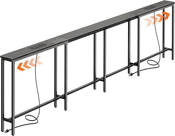 Huuger Narrow Sofa Table with 2 Power Outlets, 110.2-157.5 Inch Adjustable Length, Behind the Couch Table with USB-C Port, Long Entryway Console Table, Anti-tip Kit, for Living Room, Grey