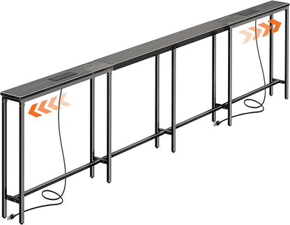 Huuger Narrow Sofa Table with 2 Power Outlets, 110.2-157.5 Inch Adjustable Length, Behind the Couch Table with USB-C Port, Long Entryway Console Table, Anti-tip Kit, for Living Room, Grey