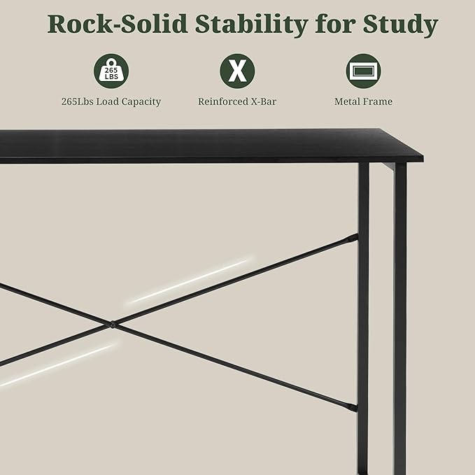 Computer Desk 44 Inch, Home Office Desk Simple Study Writing Table, Sturdy Metal Frame, Scratch-Resistant MDF Desktop for Bedroom Dorm Workspace Small Space, Black