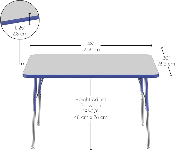 FDP Rectangle Activity School and Office Table (30 x 48 inch), Standard Legs with Swivel Glides, Adjustable Height 19-30 inches; Quick Ship Single Box - Gray Top and Blue Edge