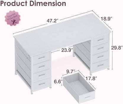 ODK 48 Inch Vanity Desk with 8 Fabric Drawers, Modern Makeup Desk for Bedroom & Dressing Room with Large Storage, Ideal for Home Office, Study, Pure White