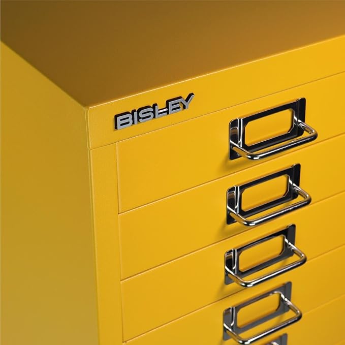 Bisley 10-Drawer Steel MultiDrawer Cabinet - Golden Sunflower Yellow | Chrome Pull Handles with Label Holders, Powder-Coated Steel, Removable Drawers, Fits Under Most Desks, Labels Included