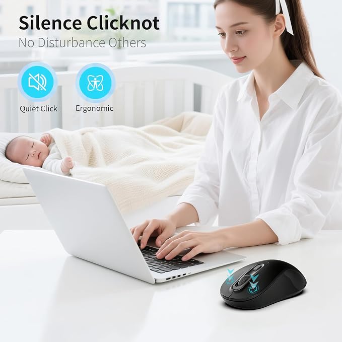 Wireless Mouse, 2026 New Model, Silent Click Ergonomic Design, Portable, 4 Buttons, Adjustable DPI (800/1200/1600), for Laptop/PC/Office (Black)