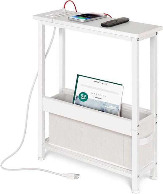 BAMGROW Slim Charging End Table with Storage - for Small Spaces and Bedroom (White)