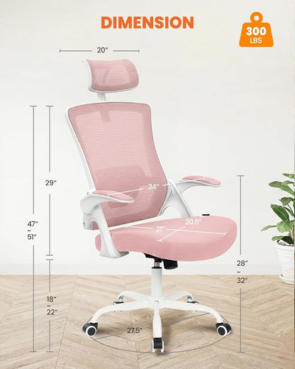 NEO CHAIR Office Chair High Back Desk Mesh Chair Comfy Computer Gaming Seat with Adjustable Ergonomic Headrest Lumbar Rolling Flip-up Armrests and Wheels (Pink)