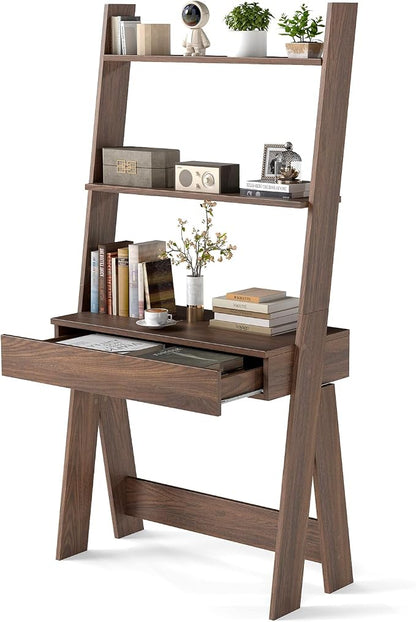 Tangkula Ladder Desk with Countertop & Drawer, Home Office Computer Laptop Table with Open Shelves & Anti-Tip Kits, Wall-Leaning Compact Working Station for Small Spaces (Walnut)