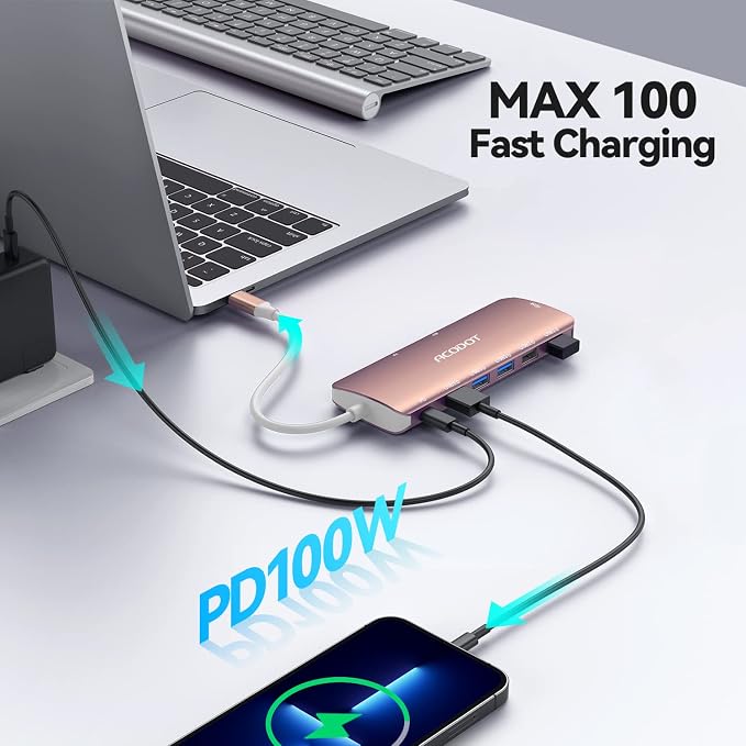 USB C Hub, 9-in-1 Multi-Port USB Adapter, 4K@60Hz HDMI, 100W Max PD, 3 USB3.0(5Gbps) + 2 USB2.0 Data Ports, SD/TF Card Reader for MacBook, iPad Pro, Dell, HP, Lenovo, Windows Laptop, Rose Gold
