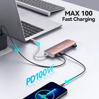 USB C Hub, 9-in-1 Multi-Port USB Adapter, 4K@60Hz HDMI, 100W Max PD, 3 USB3.0(5Gbps) + 2 USB2.0 Data Ports, SD/TF Card Reader for MacBook, iPad Pro, Dell, HP, Lenovo, Windows Laptop, Rose Gold