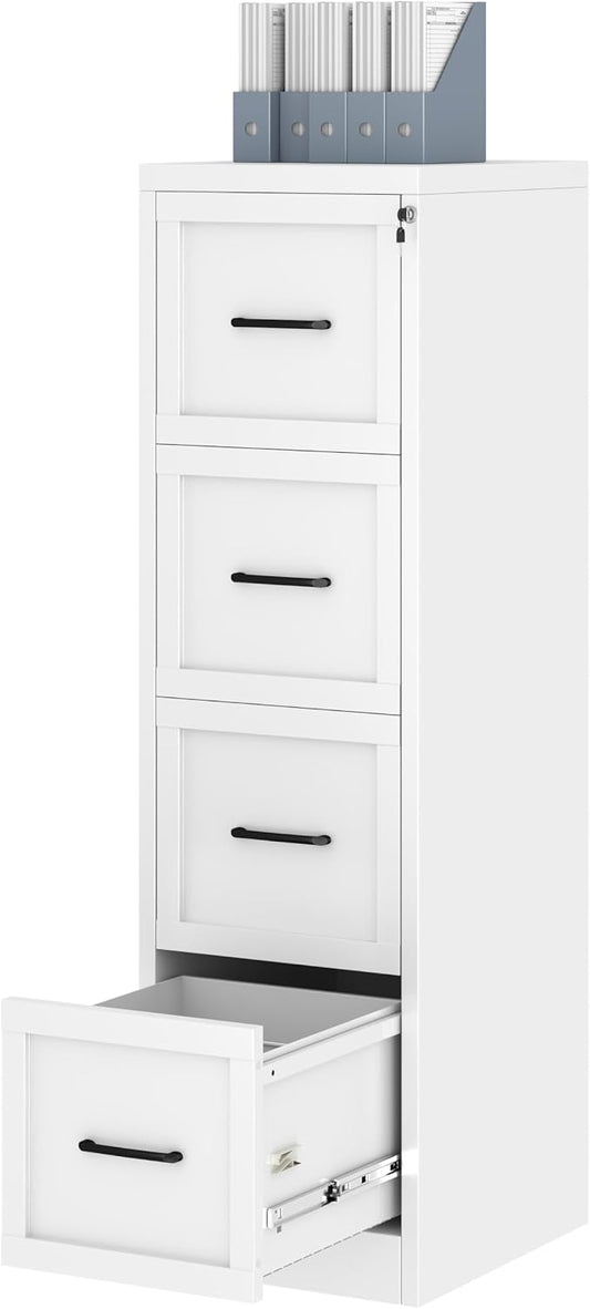 Ckzbx 4 Drawer File Cabinet with Lock, Narrow Vertical Filing Cabinet, Under Desk File Cabinets,White Metal File Cabinets for Home Office,Fit Letter/A4/Legal Size File