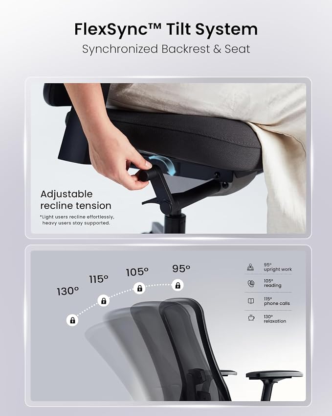 ProtoArc Ergonomic Office Chair - Flexer Pro Mesh Desk Chair with Lumbar Support for Women, Slide Seat & 4D Armrests, Tilt Lock | Stylish & Comfortable for Home Office, Computer Work - Black
