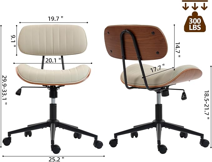 Home Office Chair with Wheels, Adjustable Height Leather Swivel Desk Computer Chair, Armless Modern Walnut Chair for Office, Meeting Room, White