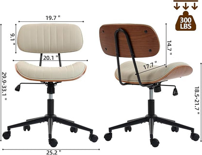Home Office Chair with Wheels, Adjustable Height Leather Swivel Desk Computer Chair, Armless Modern Walnut Chair for Office, Meeting Room, White