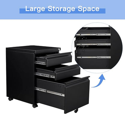 Yizosh 3 Drawer Mobile File Cabinet with Lock, Black Under Desk Rolling Filing Cabinet, Metal Locking File Cabinet on Wheels for Legal/Letter/A4 File (Full Assemble)
