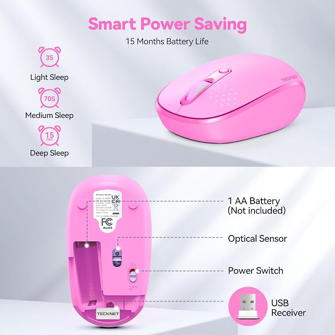 TECKNET Wireless Mouse for Laptop, 2.4G Quiet Computer Mouse with USB Receiver, 4 Buttons Portable Cordless Mice for Chromebook, Laptop, PC, Mac, 800/1200/1600 DPI