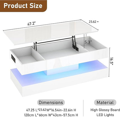 47.2" Large Lift Top Coffee Table,Modern High Glossy LED Coffee Tables for Living Room with Storage Drawer,White Living Room Tables for Livingroom,Dining Room,Bedroom Home Office(White)