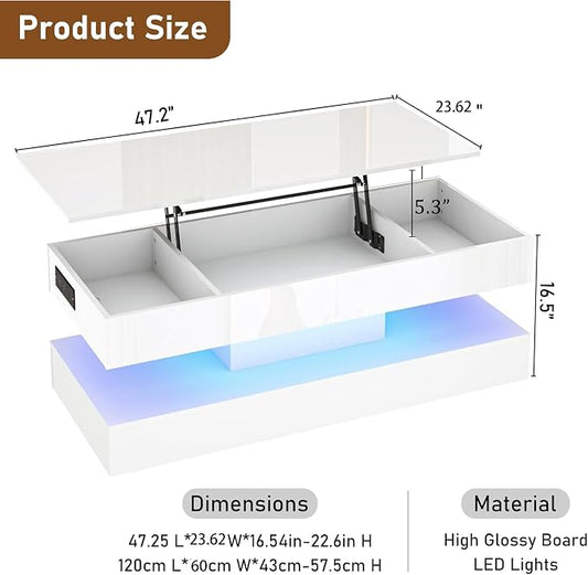 47.2" Large Lift Top Coffee Table,Modern High Glossy LED Coffee Tables for Living Room with Storage Drawer,White Living Room Tables for Livingroom,Dining Room,Bedroom Home Office(White)