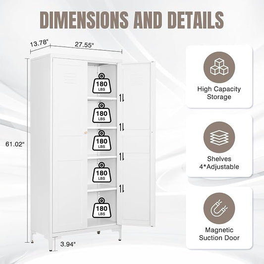 Yizosh Metal Storage Cabinet with 2 Doors and 4 Adjustable Shelves - 61" White Kitchen Pantry Storage 5-Tier Tall Steel Cabinets Locker for Kitchen, Living Room, Dining Room