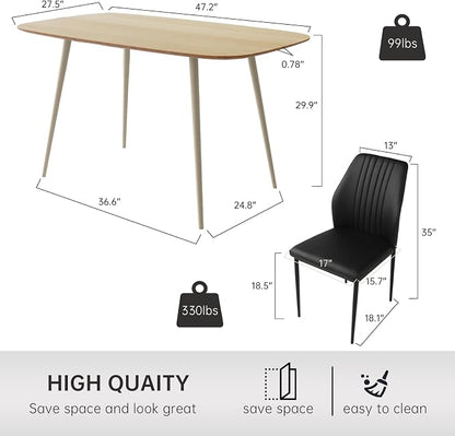 HIPIHOM 47.2'' Modern Solid Wood Dining Table Set for 4 with Scratch-Resistant Surface & 4 Black Leather Chairs - Cat-Friendly Kitchen Dining Room Furniture Set