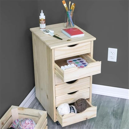 Pemberly Row Solid Wood 6-Drawer Utility Cart, 15.25 x 13.25 x 25.75 in, Unfinished Pine, Compact Design with Casters, Removable Drawers, Crafting, Home Office, Customizable Storage Solution