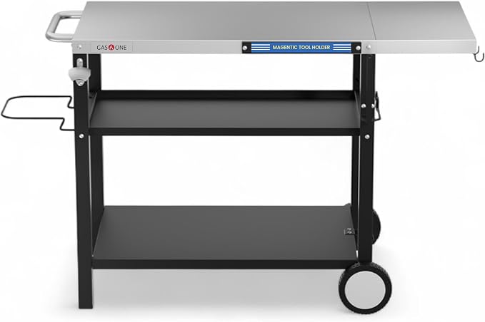 GasOne Stainless Steel Grill Table – 44 x 20-inch Rolling Grill Cart – Multifunctional Outdoor Side Table with Side Shelf, Trash Bag Hanger, Tool Holder – Ideal for Food Prep, Pizza Oven, Griddle