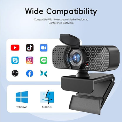 2K Webcam PC Webcam with Microphone and Physical Privacy Cover, Noise-Canceling Microphone, Auto Light Correction, Wide Angle, Plug and Play for Conferences/Online Classes/Live Streaming/Zoom/Teams