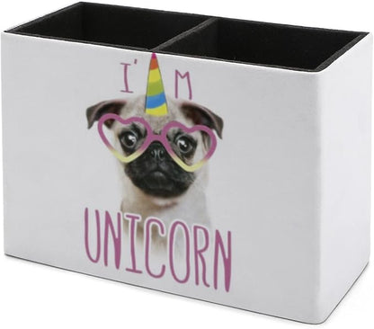 Niapessel Pencil Holder for Desk, Cute Pugs And Unicorns Pen Holder Storage Desktop Pen Organizer Desk Pencil Organizer Makeup Brush Holder for Office School College Leather