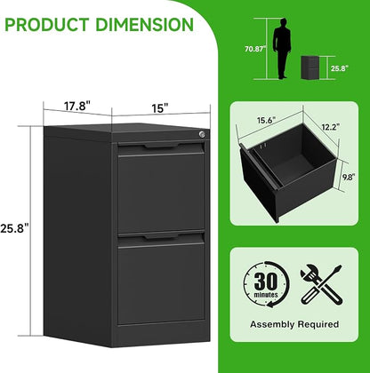 2 Drawer File Cabinet with Lock, Heavy Duty Steel Under Desk Vertical Filing Cabinet for Home Office Use, Printer Stand with Drawers, for A4/Letter-Size Files, Easy to Assemble,Black