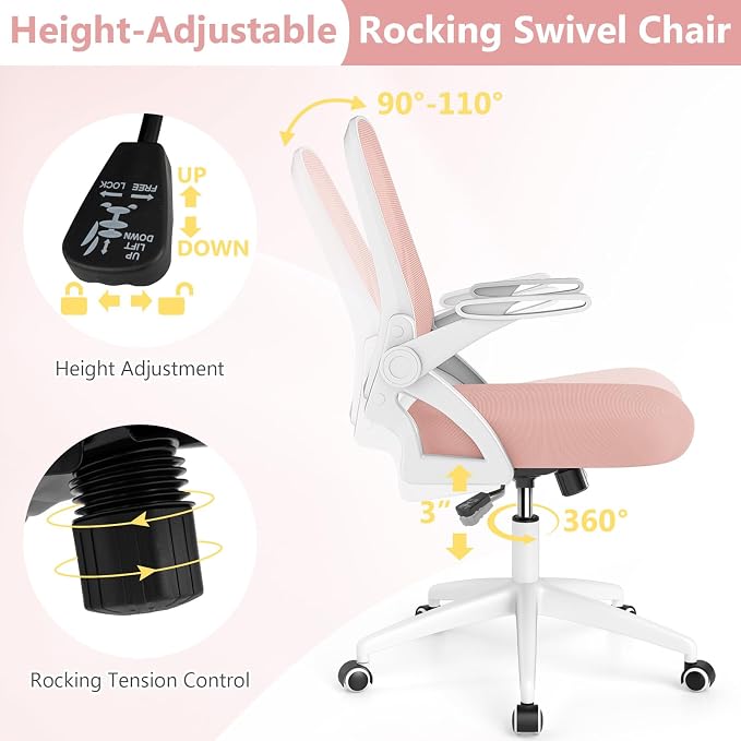 Giantex Mesh Office Chair, Ergonomic Desk Chair with Flip-up Arms & Lumbar Support, Height Adjustable Swivel Computer Desk with High Back for Home Office (Pink)