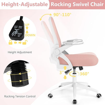 Giantex Mesh Office Chair, Ergonomic Desk Chair with Flip-up Arms & Lumbar Support, Height Adjustable Swivel Computer Desk with High Back for Home Office (Pink)