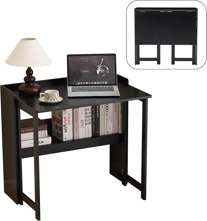 Foldable Desk，Folding Table with Storage Shelf,32.6 Inch Fold Out Computer Desk for Small Spaces,Writing Desk for Bedroom Home Office Dorm and Apartment (Black)