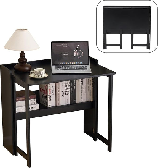 Foldable Desk，Folding Table with Storage Shelf,32.6 Inch Fold Out Computer Desk for Small Spaces,Writing Desk for Bedroom Home Office Dorm and Apartment (Black)