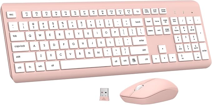 Wireless Keyboard and Mouse Combo, Full-Size Silent Ergonomic Keyboard and Optical Mouse, Long Battery Life, 2.4G Lag-Free Mice Keyboard for Computer, Mac, Laptop, PC, Windows(White Pink)