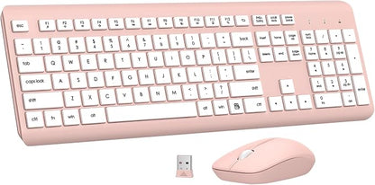 Wireless Keyboard and Mouse Combo, Full-Size Silent Ergonomic Keyboard and Optical Mouse, Long Battery Life, 2.4G Lag-Free Mice Keyboard for Computer, Mac, Laptop, PC, Windows(White Pink)