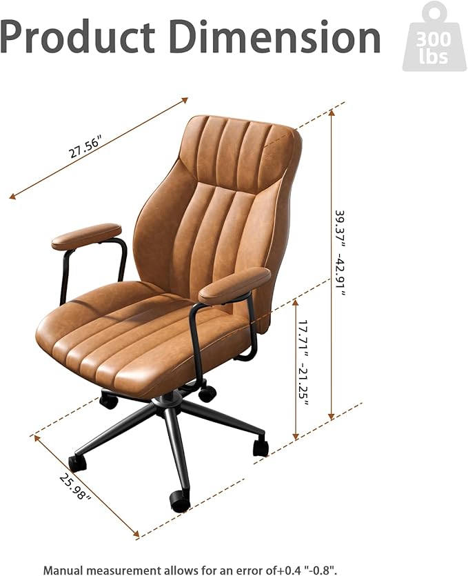 Brown Leather Office Chair, Mid Century Home Office Desk Chair | Ergonomic Curve Design, Removable Padded Arms, Height Adjustable Swivel Seat & Smooth Wheels, Vintage Mid-Back Computer Chair