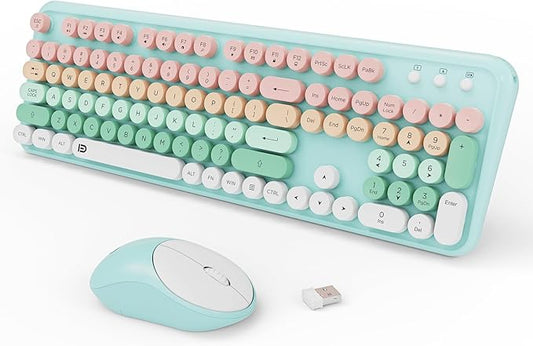 FOPETT 2.4GHz Wireless Keyboard and Mouse Set with Switch Button - Full-Size Keyboard - Compatible for Windows/Laptop/PC/Notebook/Smart TV and More - Green