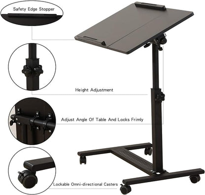 TigerDad Over Bed Table with Wheels Adjustable | Rolling Laptop Table Overbed Desk Hospital Tray Table Sofa Chair Side Table (Black)