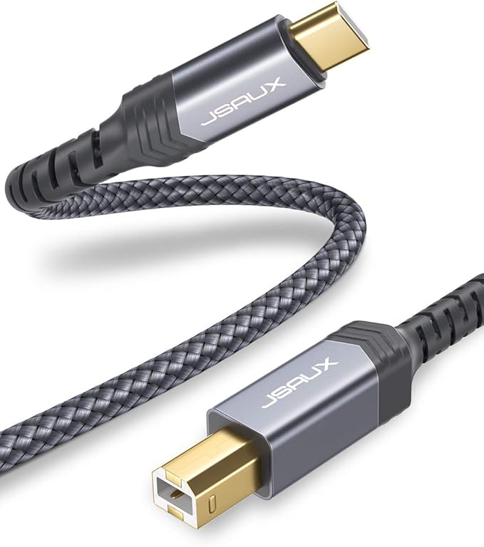 JSAUX USB B to USB C Printer Cable 10ft, USB C to USB B Printer Cable Nylon Braided, USB C MIDI Cable Compatible with MacBook Pro, HP, Epson, Canon, Brother, Lexmark, Xerox Printers and Scanners-Gray