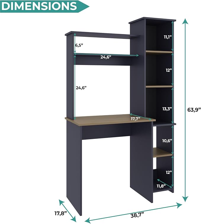 TUHOME Versalles Writing Desk with Large Monitor Shelf,Keyboard Tray and Five Side Open Storage Compartments,Modern Space-Saving Office Desk for Studios,Workspaces or Bedrooms, Functional Organization