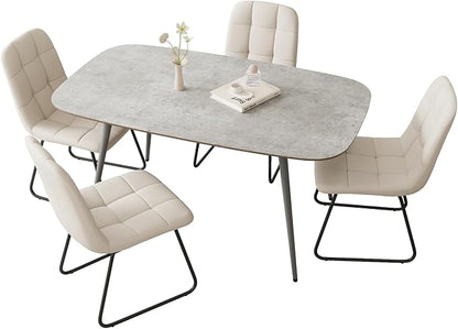 HIPIHOM 47.2'' Dining Table Set for 4,Modern Wood Dining Table,Leather Dining Chairs 4,Table and Chairs Set of 4,Ideal for Kitchen Dining Room (Gray Table + 4 U-Shaped White Chairs, 47.2")