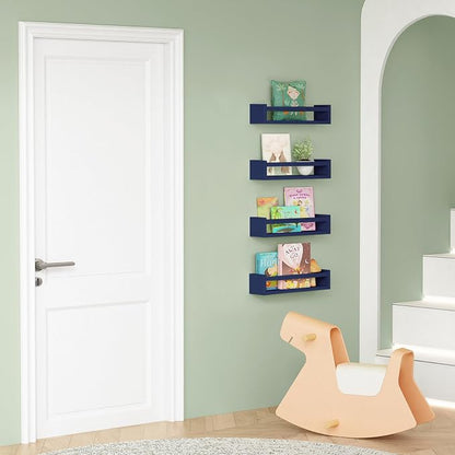 Forbena Navy Blue Floating Nursery Book Shelves for Kids Room Wall, Decorative Wall Bookshelf for Baby Boy Bedroom, Small Wood Hanging Bookshelves Wall Mounted for Little Boys Room Bathroom (Set of 4)