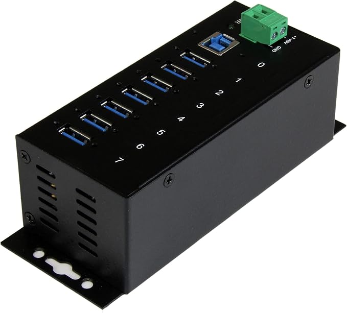 StarTech.com 7-Port USB 3.0 Hub - 5Gbps - Metal Industrial USB-A Hub with ESD Protection & 350W Surge Protection - Din Rail Wall or Desk Mountable - TAA Compliant USB Expander Hub (ST7300USBME)