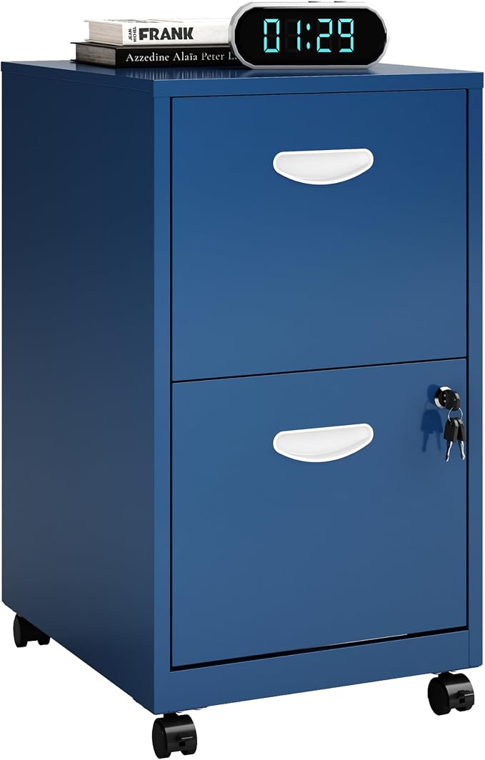 Polup 2 Drawer File Cabinet with Lock, Small Rolling Filing Cabinet for Home Office, Metal Mobile File Cabinets on Wheels, Blue Office Cabinets for Letter Size Folders - Assembly Required