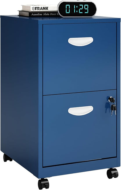 Polup 2 Drawer File Cabinet with Lock, Small Rolling Filing Cabinet for Home Office, Metal Mobile File Cabinets on Wheels, Blue Office Cabinets for Letter Size Folders - Assembly Required