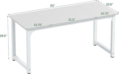 NSdirect Large Office Desk for Home Office, Large 63” Computer Desk Table, Wide Writing Study Desk for 2 Person, Metal Sturdy Frame Thicker Steel Legs,Warm White