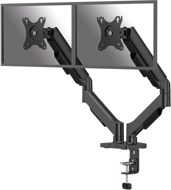 Fellowes Everyday Plus Dual Gas Spring Monitor Arm Holds Two Screens up to 32" Weighing 4.4-19.84 lbs ea, Height Adjusting, Tilt, Swivel, Rotate, VESA 75/100, Clamp or Grommet Mount, Cable Management