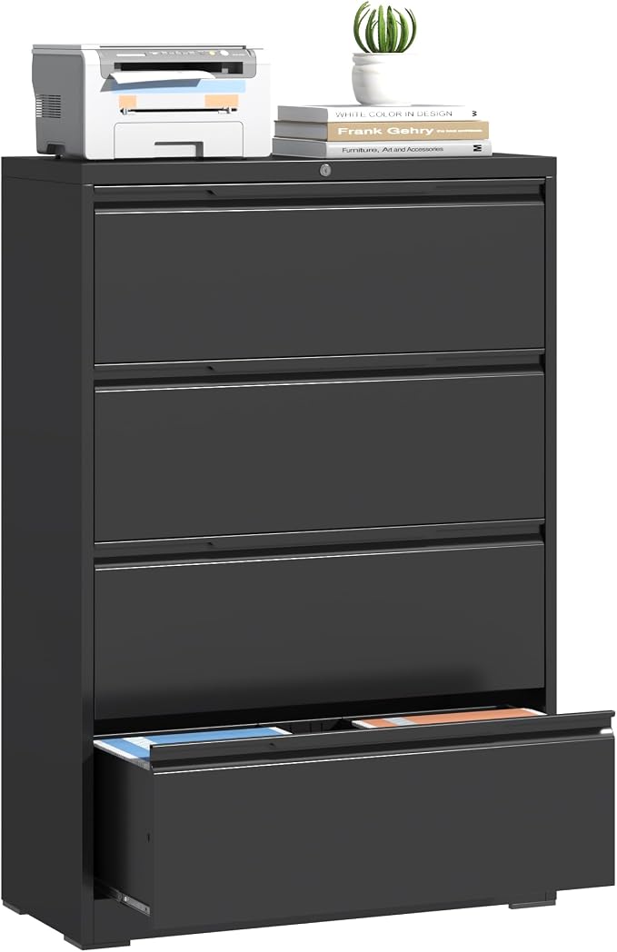 Lateral File Cabinet 4 Drawer, Metal File Cabinet with Lock | Filing Cabinets for Home Office, Black Locking Deep Drawer for Hanging Files Letter/Legal/A4/F4 Size, Assembly Required