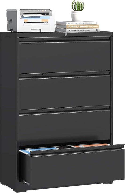 Lateral File Cabinet 4 Drawer, Metal File Cabinet with Lock | Filing Cabinets for Home Office, Black Locking Deep Drawer for Hanging Files Letter/Legal/A4/F4 Size, Assembly Required