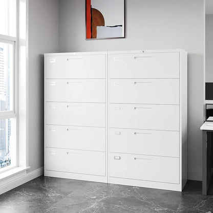 Fesbos Lateral File Cabinet with 5 Drawers - White Metal Steel Filling Cabinets for Home Office - Lockable Storage Cabinet for Hanging Files Letter/Legal/F4/A4 Size-Assembly Required