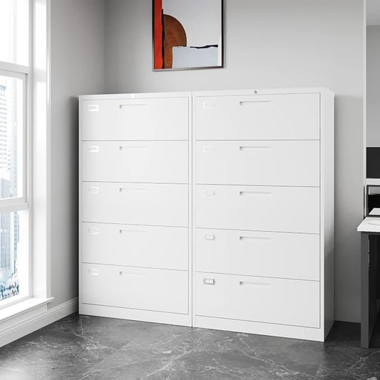 Fesbos Lateral File Cabinet with 5 Drawers - White Metal Steel Filling Cabinets for Home Office - Lockable Storage Cabinet for Hanging Files Letter/Legal/F4/A4 Size-Assembly Required