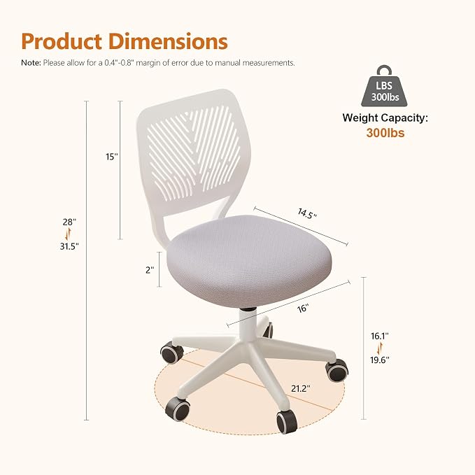 Small Desk Chair Armless Task Chair with Soft Padded Cushion Height Adjustable Swivel Rolling Comfortable Study Computer Chair for Kids Girls Boys Teens